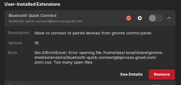 error message Bluetooth Quick Connect extension